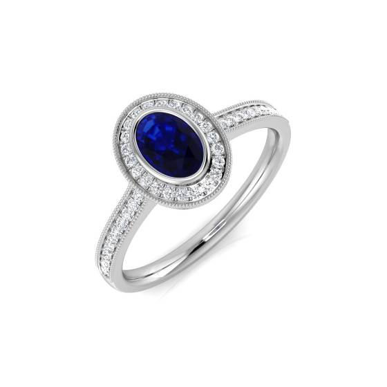 0.68ct VS/E-F Oval cut Blue Sapphire Gemstone Halo Shoulder Set Ring
