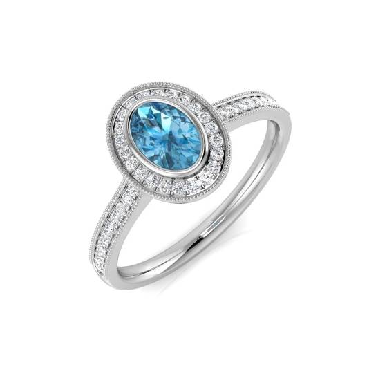 0.78ct VS/E-F Oval cut Blue Topaz Gemstone Halo Shoulder Set Ring