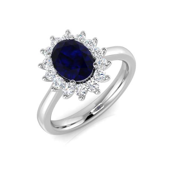 2.45ct VVS Oval Cut Blue Sapphire Gemstone and Lab Grown Diamond Halo Ring
