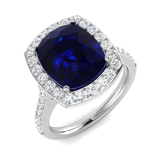6.14ct VVS/D-E Cushion Cut Blue Sapphire Gemstone and Lab Grown Diamonds Halo Shoulder Set Ring