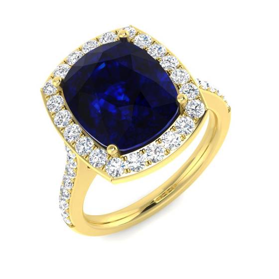 6.14ct VVS/D-E Cushion Cut Blue Sapphire Gemstone and Lab Grown Diamonds Halo Shoulder Set Ring