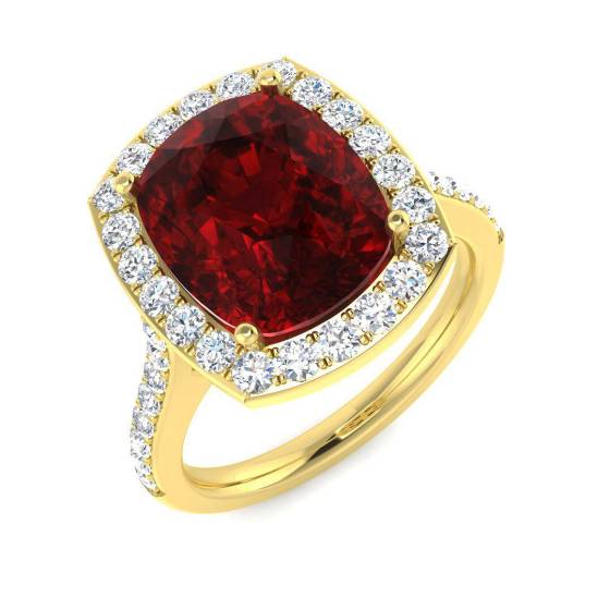 6.36ct Cushion Cut Elongated Ruby Gemstone Halo Shoulder Set Ring