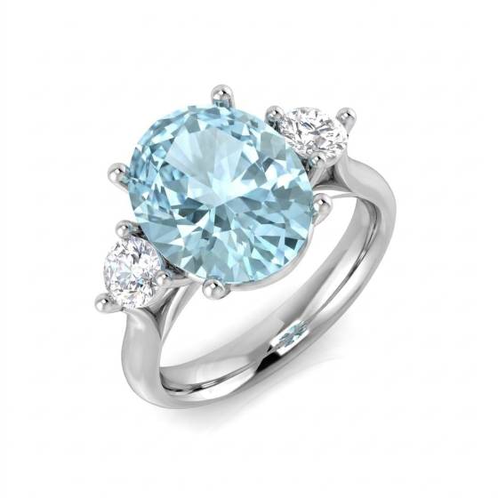 4.72ct VS/F-G Oval Cut Aquamarine Gemstone Trilogy Ring