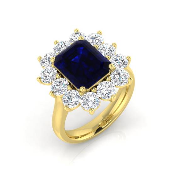 6.86ct VVS Emerald Cut Blue Sapphire Gemstone and Lab Grown Diamond Halo Ring
