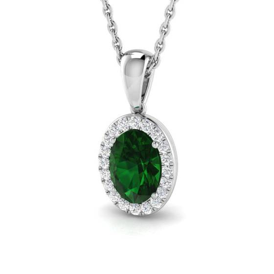 0.79ct VS/E-F Oval Cut Green Emerald Gemstone Halo Pendant