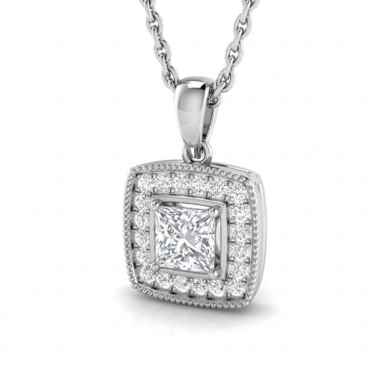 0.14ct VS/E-F Princess Cut Natural Diamond Halo Pendant