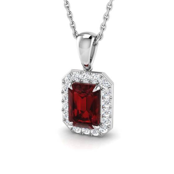 1.31ct VS/E-F Emerald cut Garnet Gemstone and Natural Diamond Halo Pendant