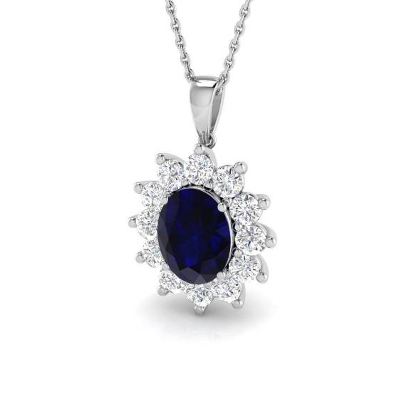 3.51ct Oval Cut Blue Sapphire Gemstone Halo Pendant