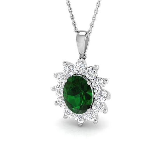 2.33ct Oval Cut Green Emerald Gemstone Halo Pendant