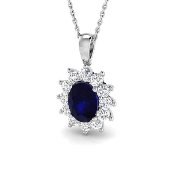 2.40ct VVS/D-E Oval Cut Blue Sapphire Gemstone and Labgrown Diamonds Halo Pendant