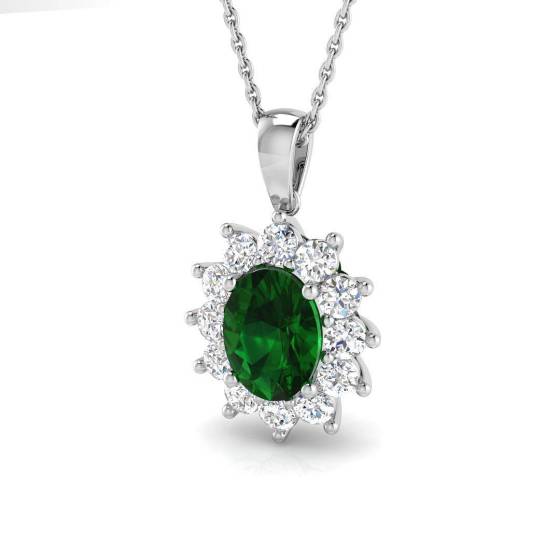 1.64ct VVS/E-F Oval Cut Green Emerald Gemstone and Labgrown Diamonds Halo Pendant