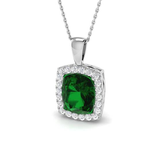 3.96ct Cushion Cut Green Emerald Gemstone Halo Pendant