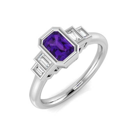 0.70ct VS/E-F Emerald Cut Amethyst Gemstone Trilogy Ring
