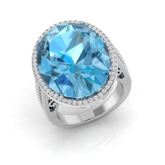 20.34ct Oval Cut Blue Topaz Halo Triple Row Shoulder Set Ring