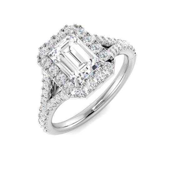 1.54ct VS2/D Emerald Cut Labgrown Diamond Halo Split Shoulder Set Ring