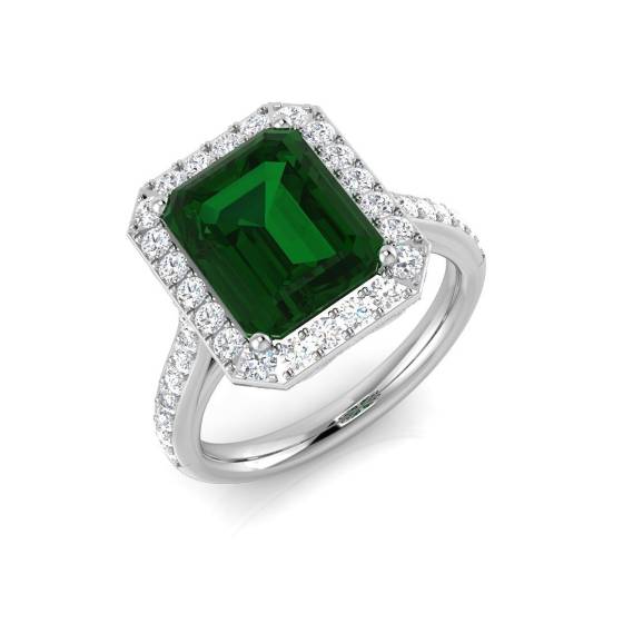 3.19ct VVS Emerald Cut Green Emerald Gemstone and Lab Grown Diamond Halo Shoulder Set Ring