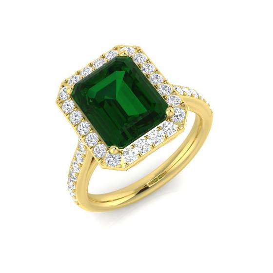3.19ct VVS Emerald Cut Green Emerald Gemstone and Lab Grown Diamond Halo Shoulder Set Ring