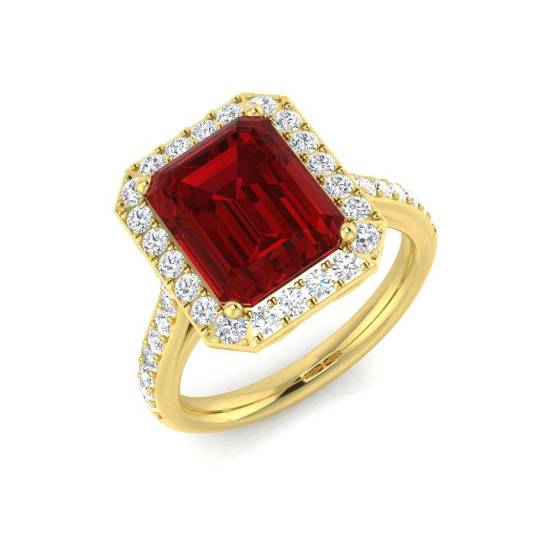 4.93ct Emerald Cut Ruby Gemstone Halo Shoulder Set Ring