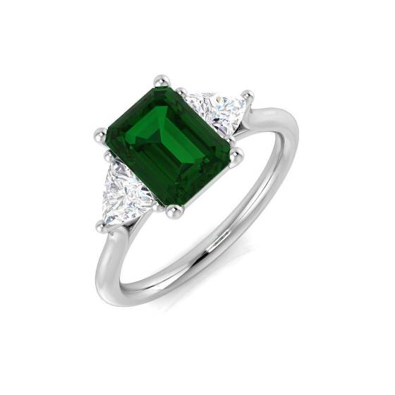 2.00ct Emerald Cut Labgrown Diamond and Emerald Gemstone Trilion Trilogy Ring