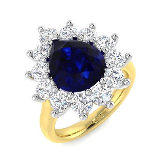 5.85ct VVS Pear Cut Blue Sapphire Gemstone and Lab Grown Diamond Halo Ring