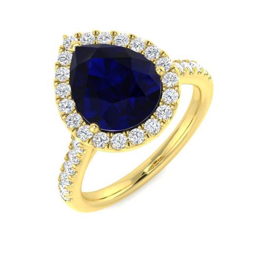 3.70ct VVS/D-E Pear Cut Blue Sapphire Gemstone and Lab Grown Diamond Halo Shoulder Set Ring