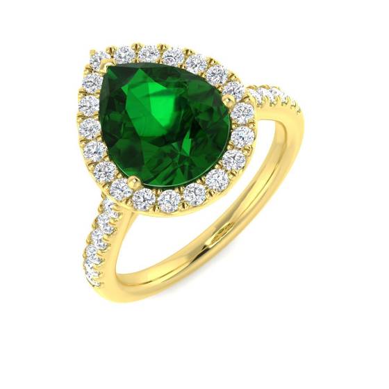 2.29ct VVS Pear Cut Green Emerald Gemstone and Lab Grown Diamond Halo Shoulder Set Ring