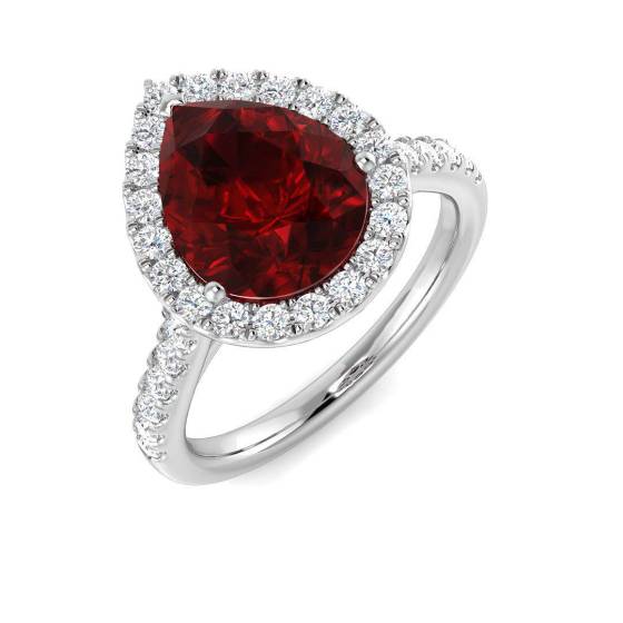 3.59ct Pear Cut Ruby Gemstone Halo Shoulder Set Ring