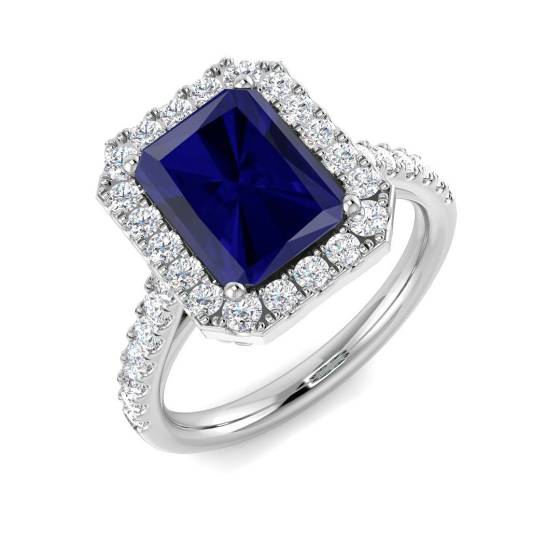3.99ct VVS/D-E Radiant Cut Blue Sapphire Gemstone and Lab Grown Diamond Halo Shoulder Set Ring