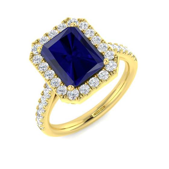 3.99ct VVS/D-E Radiant Cut Blue Sapphire Gemstone and Lab Grown Diamond Halo Shoulder Set Ring