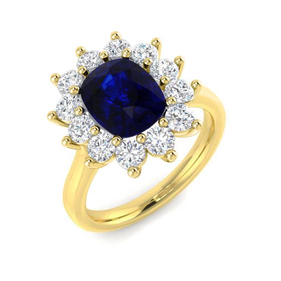 3.45ct VVS Cushion Cut Blue Sapphire Gemstone and Lab Grown Diamond Halo Ring