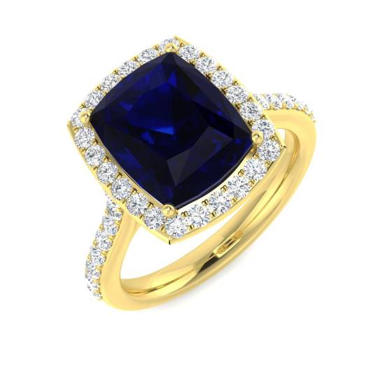 3.99ct VVS/D-E Cushion Cut Blue Sapphire Gemstone and Lab Grown Diamond Halo Shoulder Set Ring