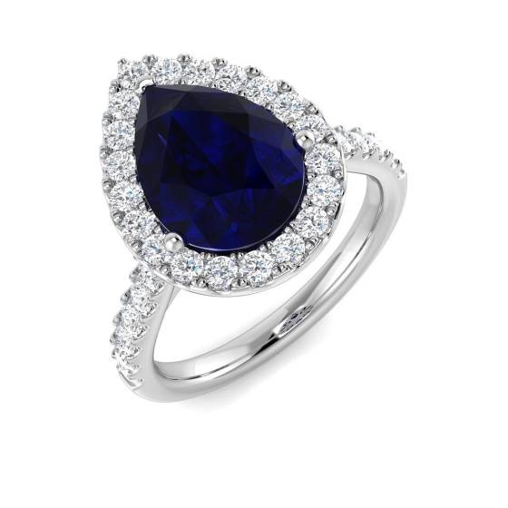 4.86ct VVS/D-E Pear Cut Blue Sapphire Gemstone and Lab Grown Diamond Halo Shoulder Set Ring