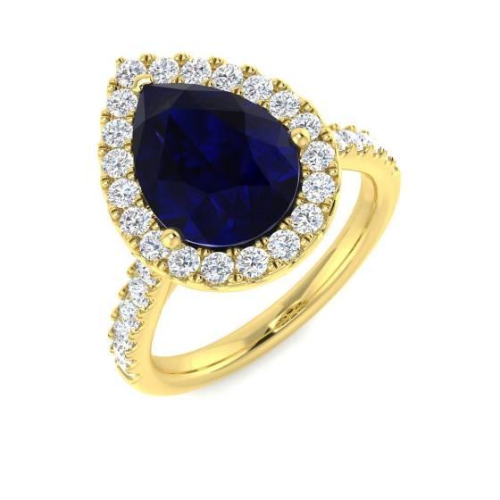 4.86ct VVS/D-E Pear Cut Blue Sapphire Gemstone and Lab Grown Diamond Halo Shoulder Set Ring