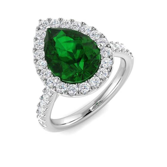 3.39ct VVS Pear Cut Green Emerald Gemstone and Lab Grown Diamond Halo Shoulder Set Ring