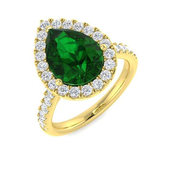 3.39ct VVS Pear Cut Green Emerald Gemstone and Lab Grown Diamond Halo Shoulder Set Ring