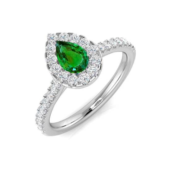 0.75ct VS/E-F Pear Cut Green Emerald Gemstone Halo Shoulder Set Ring