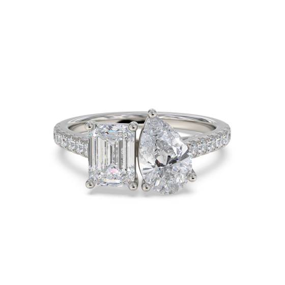 Two Stone Emerald and Pear Diamond Shoulder Set Ring