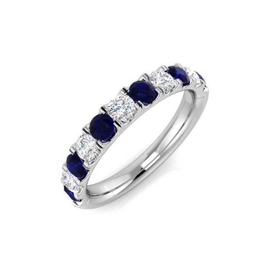 0.75ct VS/E-F Round Cut Blue Sapphire and Natural Diamonds Half Eternity Ring