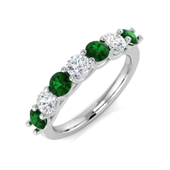 0.55ct VS/E-F Round Cut Emerald Gemstone and Round Diamond 7 Stone Ring