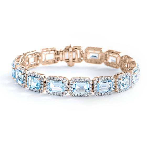 HBEGAQ055 Emerald Shape Aquamarine & Diamond Single Row Bracelet
