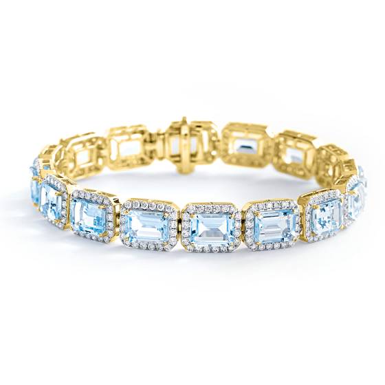 HBEGAQ055 Emerald Shape Aquamarine & Diamond Single Row Bracelet