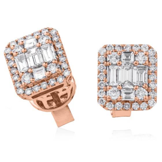 HEBCL126 Baguette & Round Halo Cluster Diamond Earrings