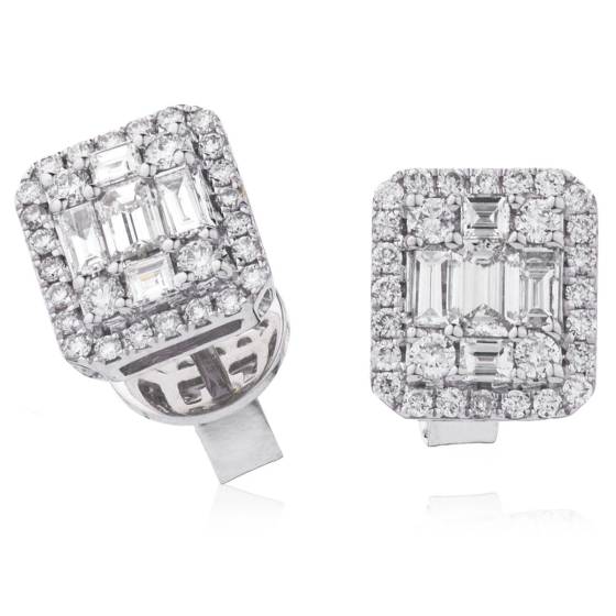 HEBCL126 Baguette & Round Halo Cluster Diamond Earrings