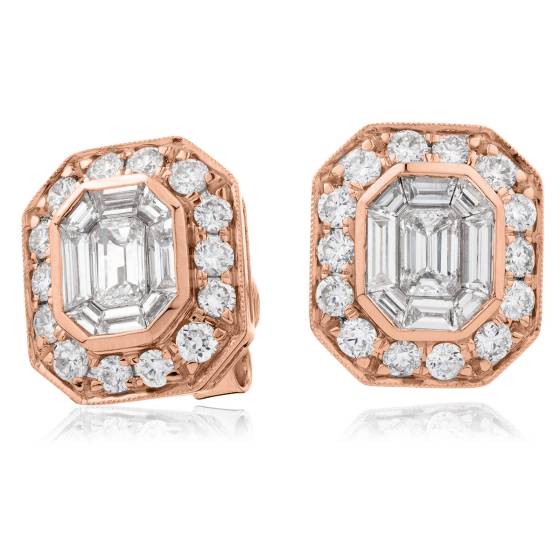 HEECL123 Emerald & Round cut Halo Cluster Diamond Earrings