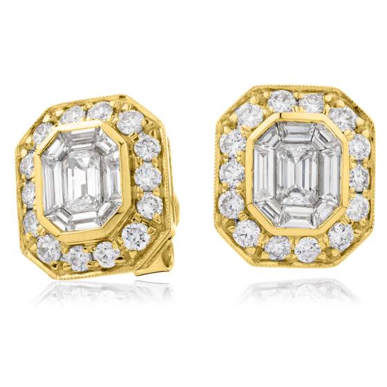HEECL123 Emerald & Round cut Halo Cluster Diamond Earrings