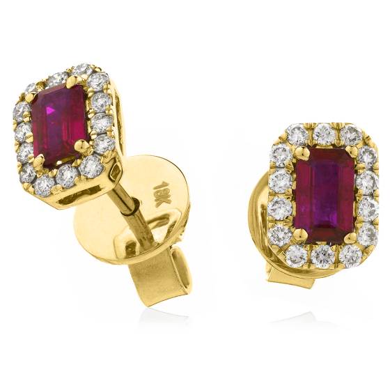 HEEGRY280 Emerald Shape Ruby & Diamond Halo Earrings