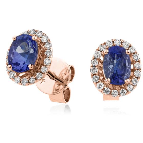HEOGBS271 Oval cut Blue Sapphire Claw Halo Earrings