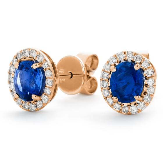 HEOGBS278 Oval Shape Blue Sapphire & Diamond Halo Earrings