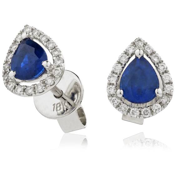 HEPEGBS283 Pear cut Blue Sapphire & Diamond Stud Halo Earrings