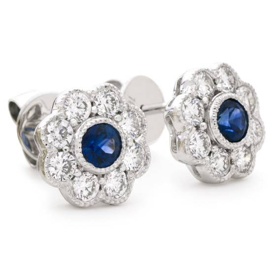 HERGBS266 Designer Floral Shape Blue Sapphire Halo Earrings
